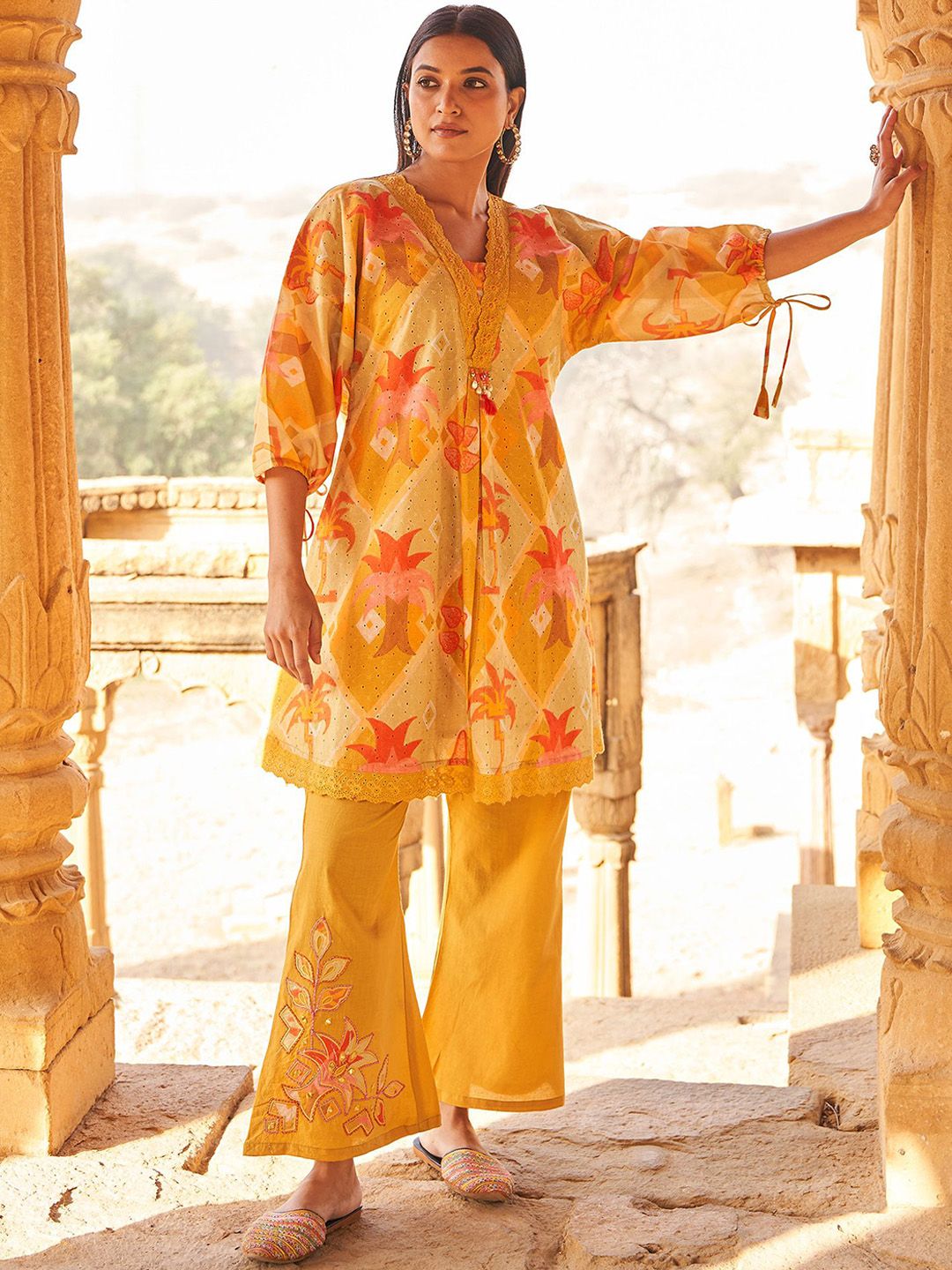 Floral Self Design Beads And Stones V-Neck A-Line Pure Cotton Kurta With Trousers