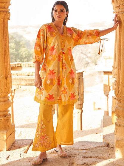 Floral Self Design Beads And Stones V-Neck A-Line Pure Cotton Kurta With Trousers