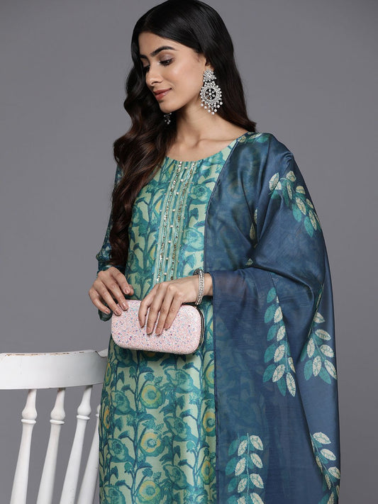 Dhiyona VA Women'sSea Green Floral Printed Hand work Kurta with Trousers & Dupatta