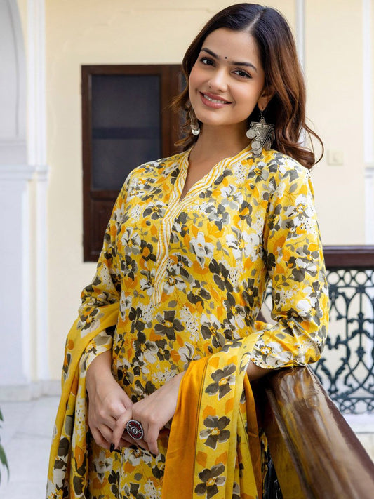 Dhiyona IE Floral Printed Mandarin Collar Pure Cotton Kurta With Trousers & Dupatta