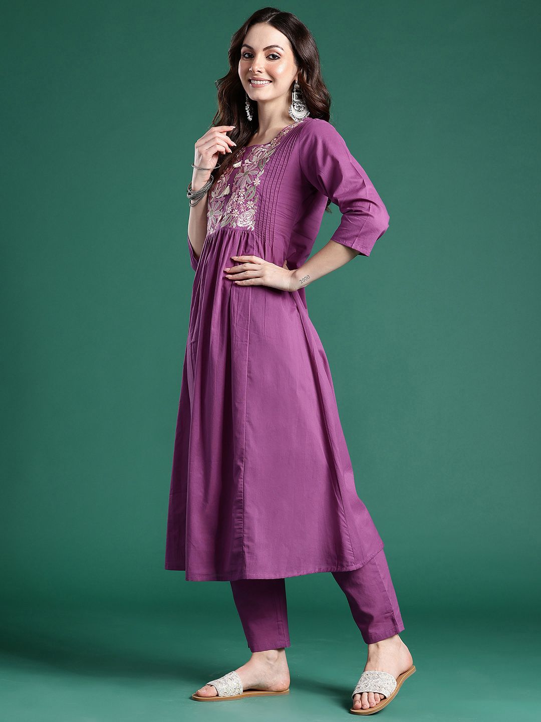 Dhiyona IE Floral Embroidered Pure Cotton Kurta with Trousers