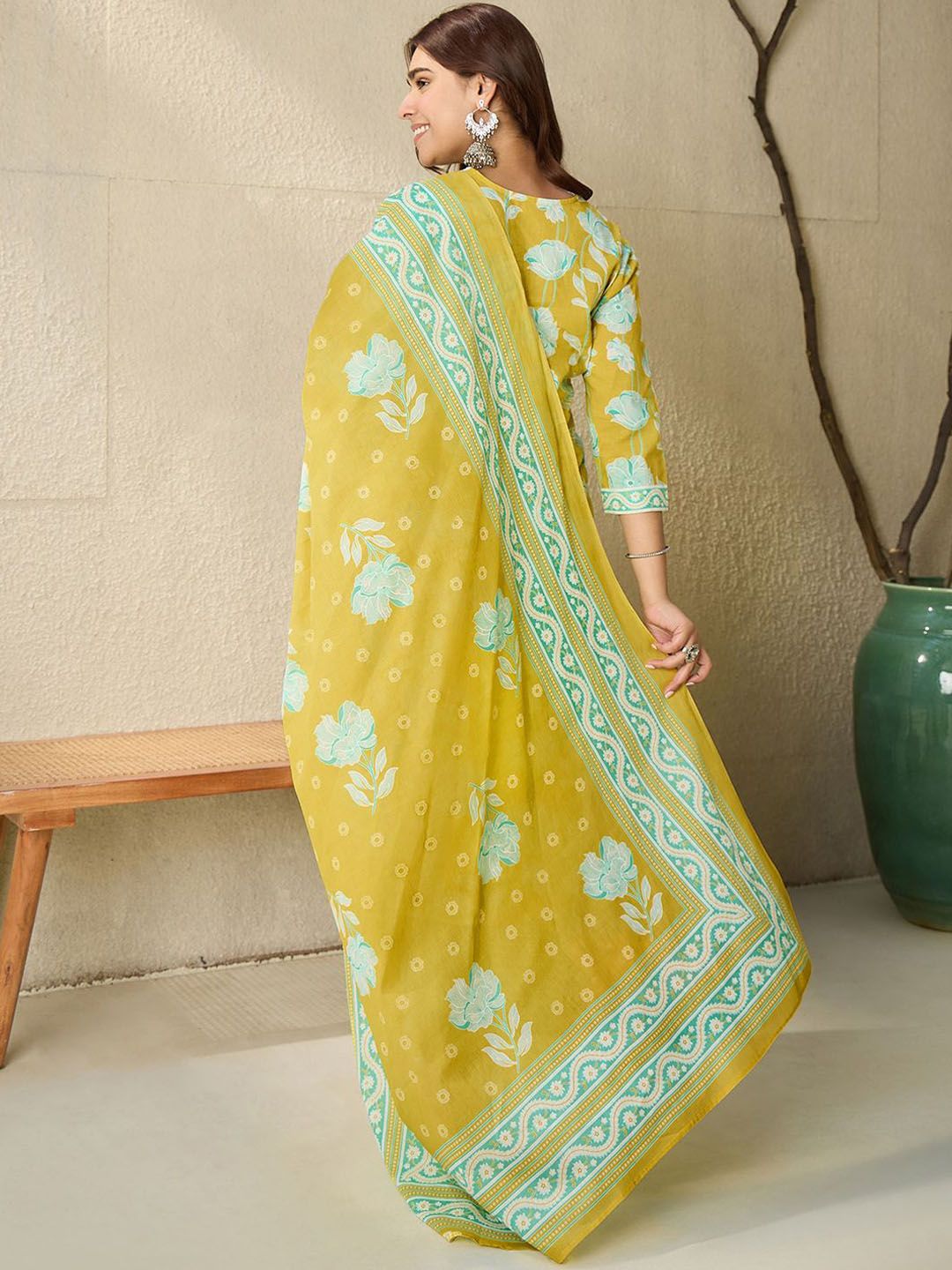 Floral Printed V-Neck Pure Cotton Straight Kurta With Trousers And Dupatta
