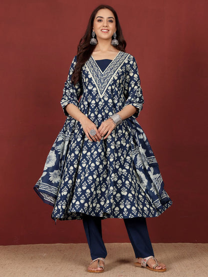 Dhiyona VA Women'sFloral Printed V-Neck Gotta Patti Pure Cotton A-Line Kurta With Trousers & Dupatta