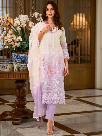 Floral Embroidered Sequinned Straight Organza Kurta With Trousers And Dupatta