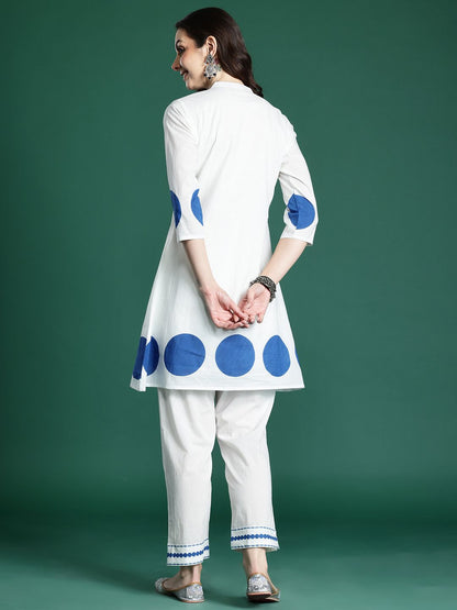 Printed PleatedPure Cotton Kurta with Trousers