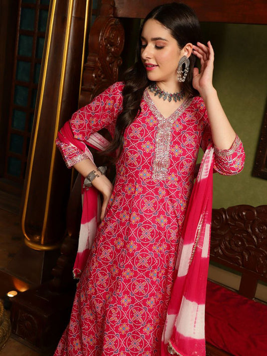 Dhiyona SN Women's Pink Ethnic Motifs Printed Sequinned Pure Cotton A-Line Kurta Set