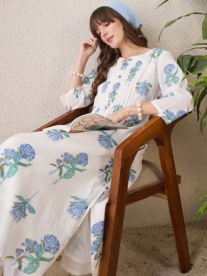 Dhiyona IE Floral Printed Round Neck Pure Cotton A-Line Kurta With Trouser