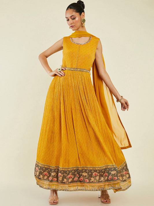 Dhiyona SO Women's Embroidered Georgette Anarkali Kurta with Churidar & with Dupatta