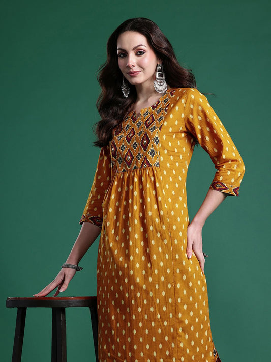 Dhiyona IE Women Printed Pleated Mirror Work Pure Cotton Kurta with Trousers