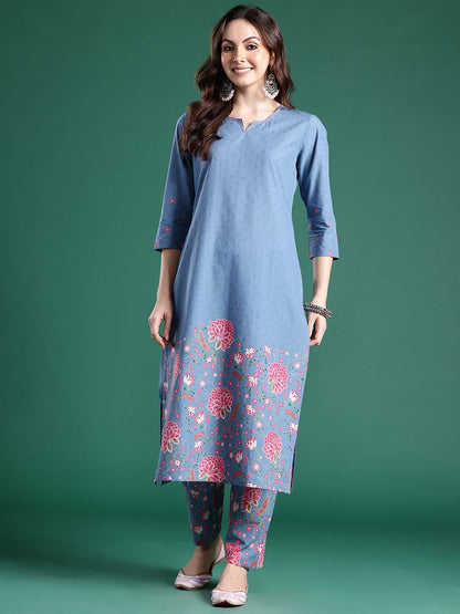 Dhiyona IE Floral Printed Regular Sequinned Pure Cotton Kurta with Trousers