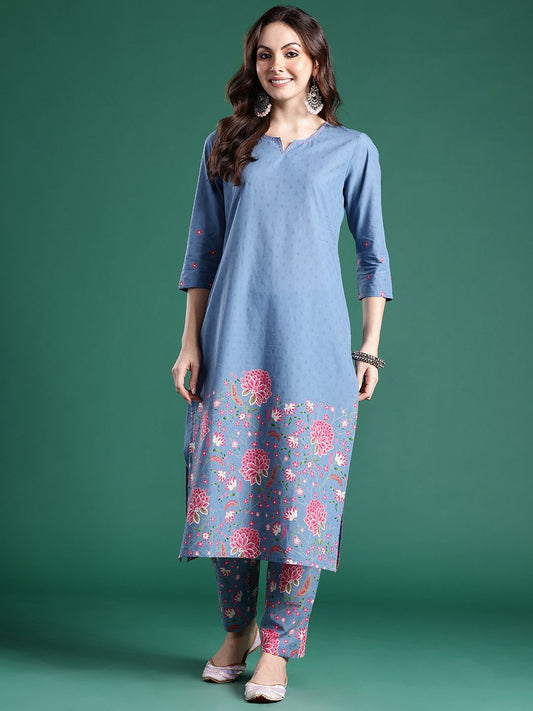 Dhiyona IE Floral Printed Regular Sequinned Pure Cotton Kurta with Trousers