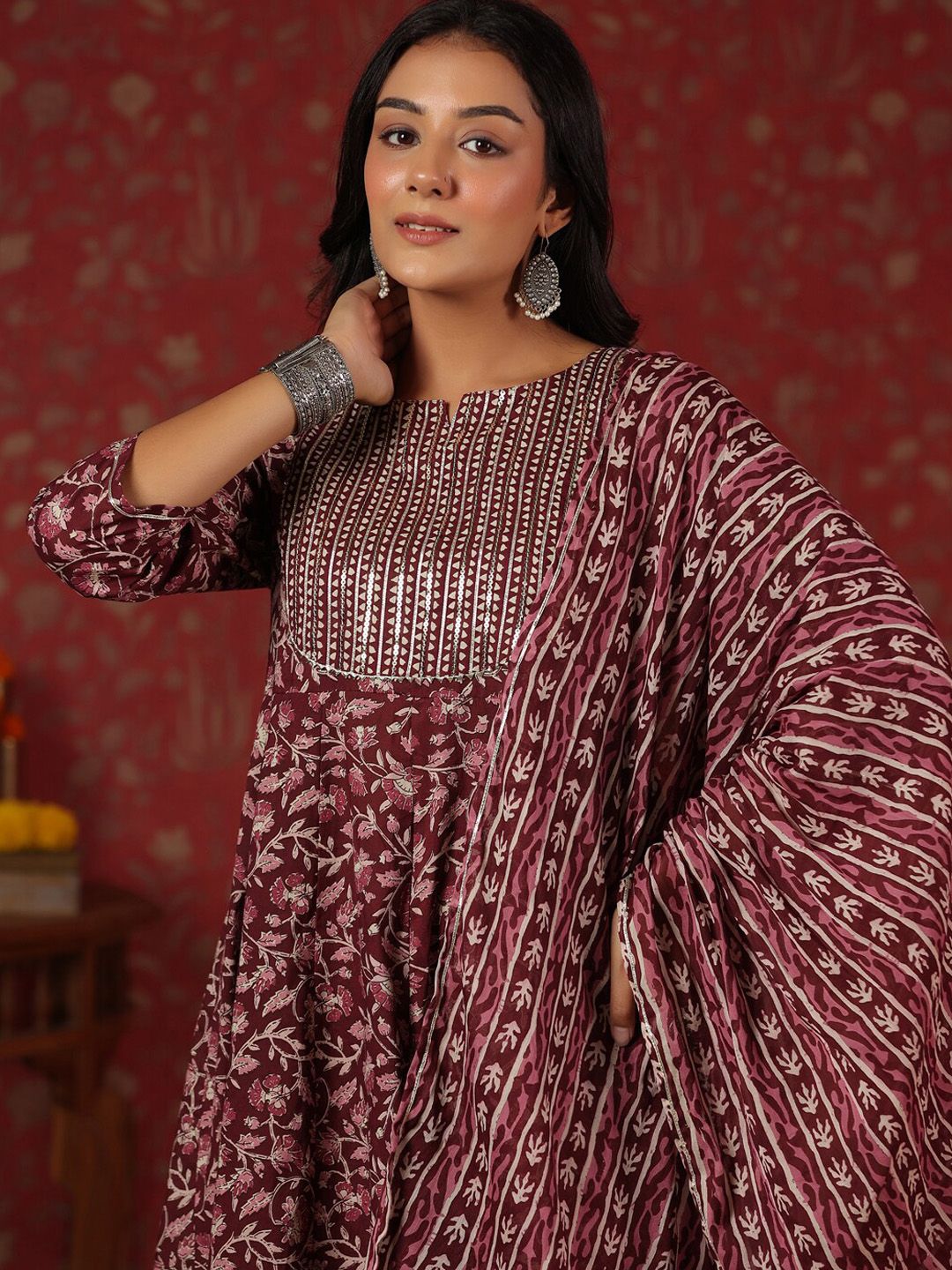 Dhiyona IS Women's Floral Printed Sequinned Pure Cotton Anarkali Kurta With Trousers & Dupatta