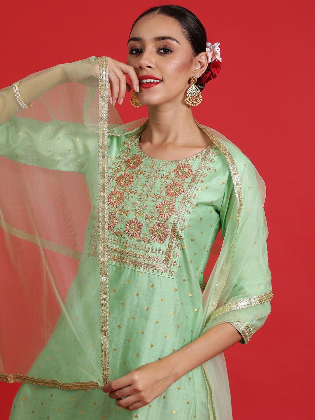 Dhiyona IE Ethnic Motifs Embroidered Chanderi Silk Kurta Withth Trousers & Dupattta