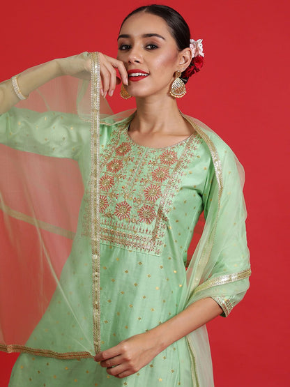 Dhiyona IE Ethnic Motifs Embroidered Chanderi Silk Kurta Withth Trousers & Dupattta