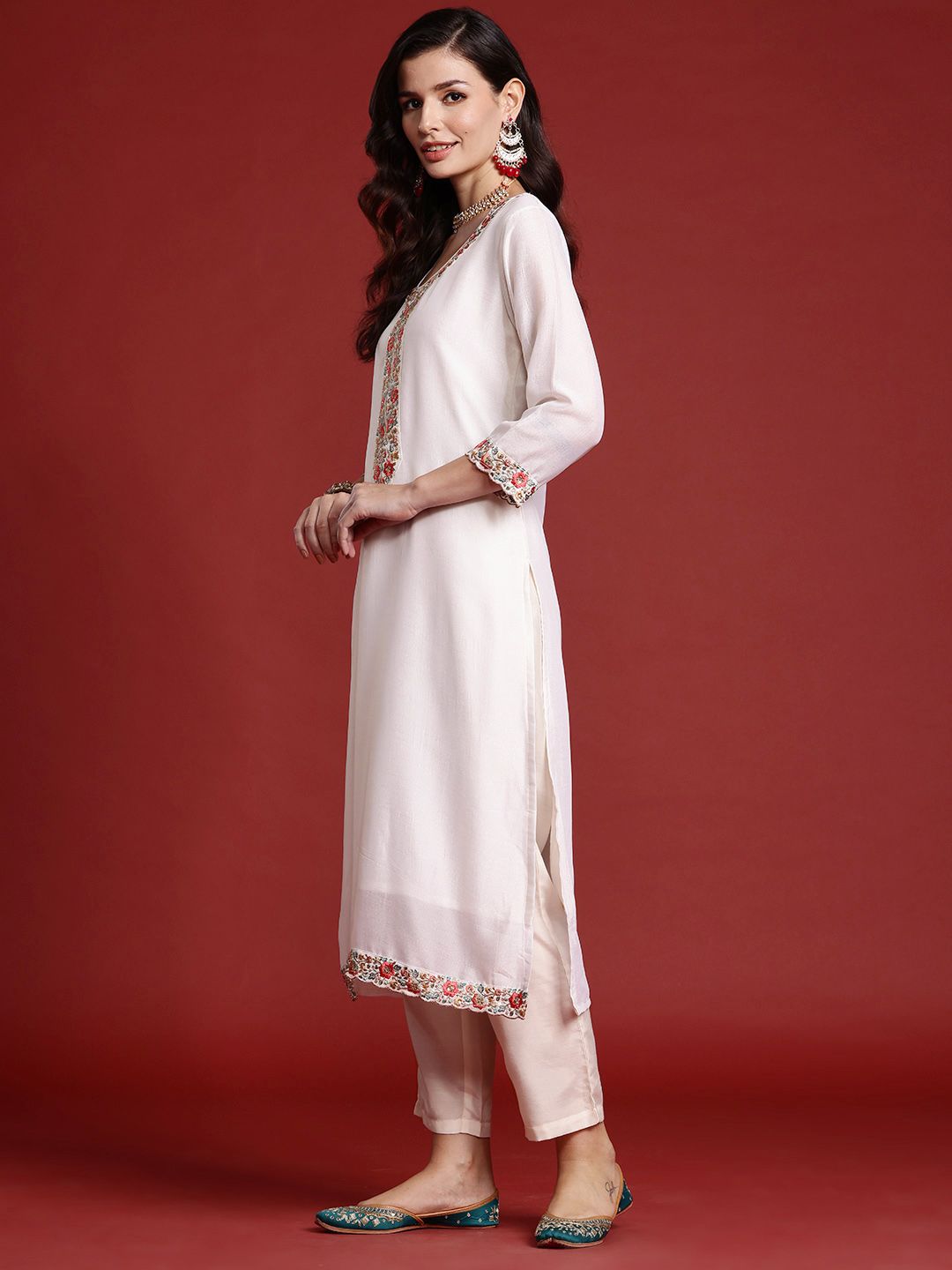 Floral Embroidered Sequinned Kurta With Trousers & Dupatta