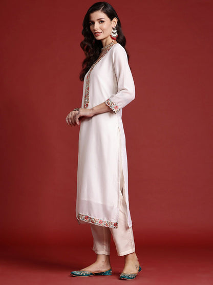 Floral Embroidered Sequinned Kurta With Trousers & Dupatta