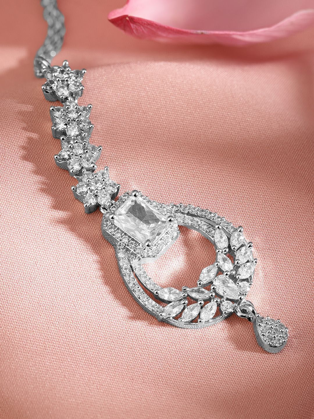 Dhiyona RJ Women's Rhodium-Plated Artificial Stones Studded Maang Tikka