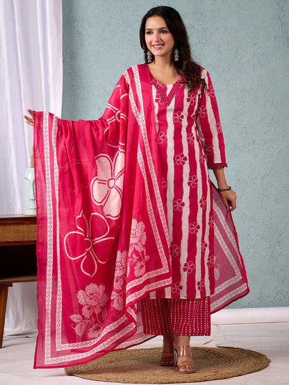Dhiyona VA Women'sStripper with Floral Printed Kurta with Trouser & Dupatta