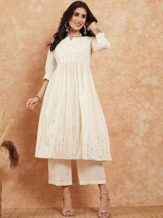 Dhiyona PD Women Embroidered Pure Cotton A-Line Kurta With Palazzo Set