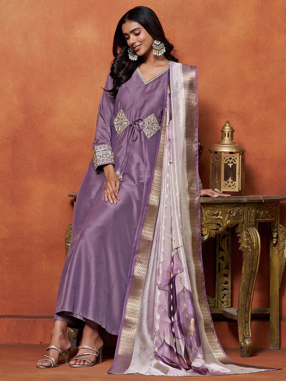 Dhiyona SN Women's Purple Floral Embroidered Cotton Silk Anarkali Kurta With Trousers And Dupatta