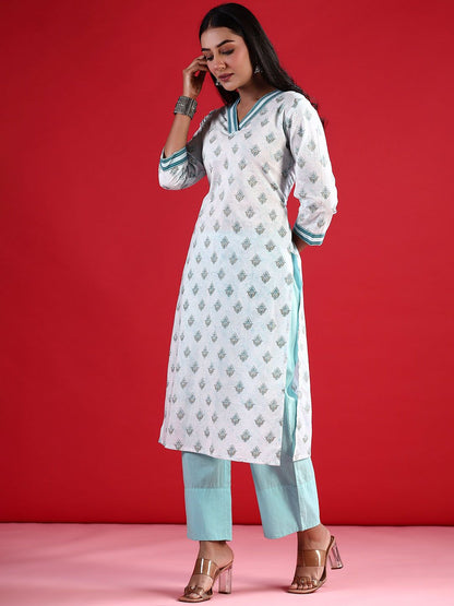 Dhiyona IE Floral Printed V-Neck Long Sleeves Straight Cotton Kurta