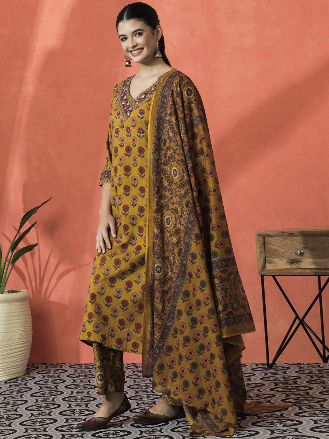 Dhiyona SN Women's Floral Printed V-Neck Beaded Pure Cotton Straight Kurta With Trouser And Dupatta