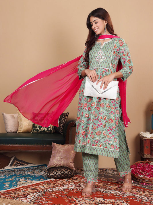 Dhiyona VA Women'sFloral Printed Notch Neck Pure Cotton Kurta with Palazzo & Dupatta