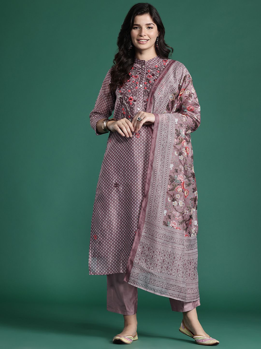 Dhiyona IE Floral Printed Thread Work Chanderi Silk Kurta with Trousers & With Dupatta