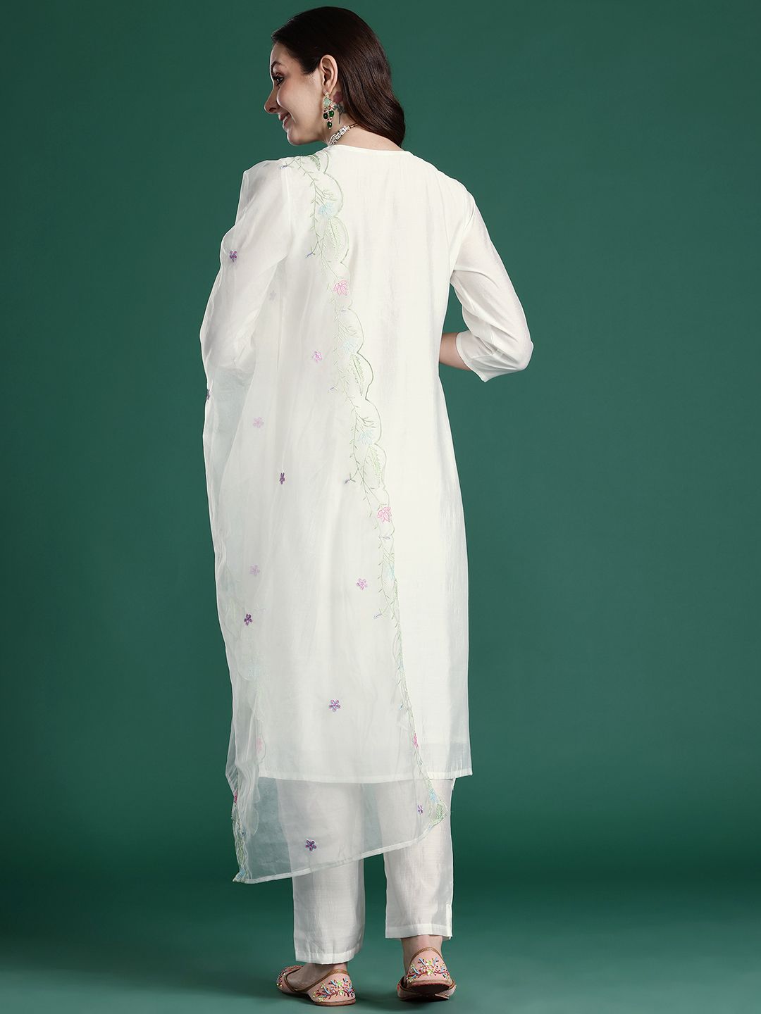 Floral Embroidered Thread Work Kurta with Trousers & With Dupatta