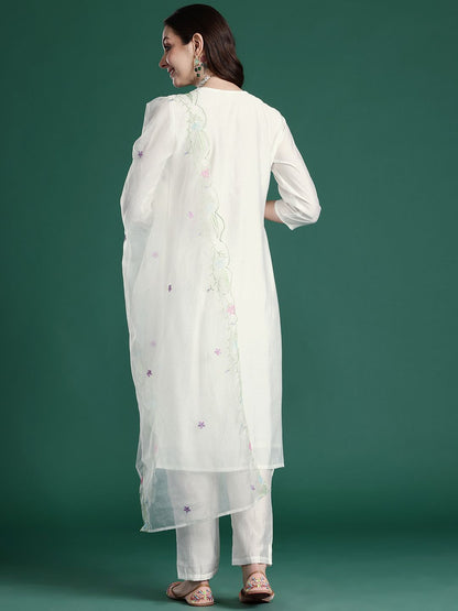 Floral Embroidered Thread Work Kurta with Trousers & With Dupatta