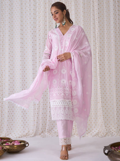 Floral Embroidered V-Neck Pure Cotton Kurta with Trousers & Dupatta