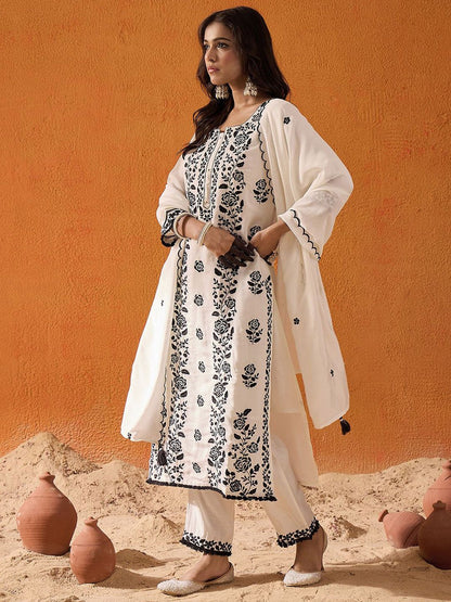 Dhiyona IE White Floral Embroidered Straight Kurta with Trousers & Dupatta