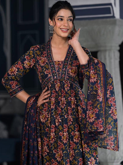 Dhiyona VA Women'sFloral Printed & Sequinned Pure Cotton Anarkali Kurta With Trouser & Dupatta