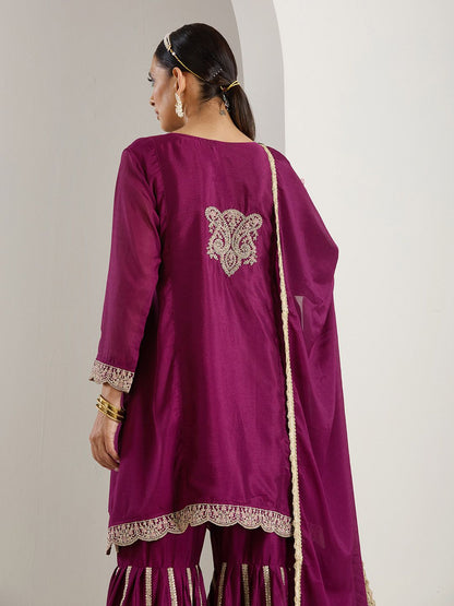 Dhiyona IS Women's Ethnic Motifs Embroidered Regular Thread Work Straight Kurta with Sharara & Dupatta