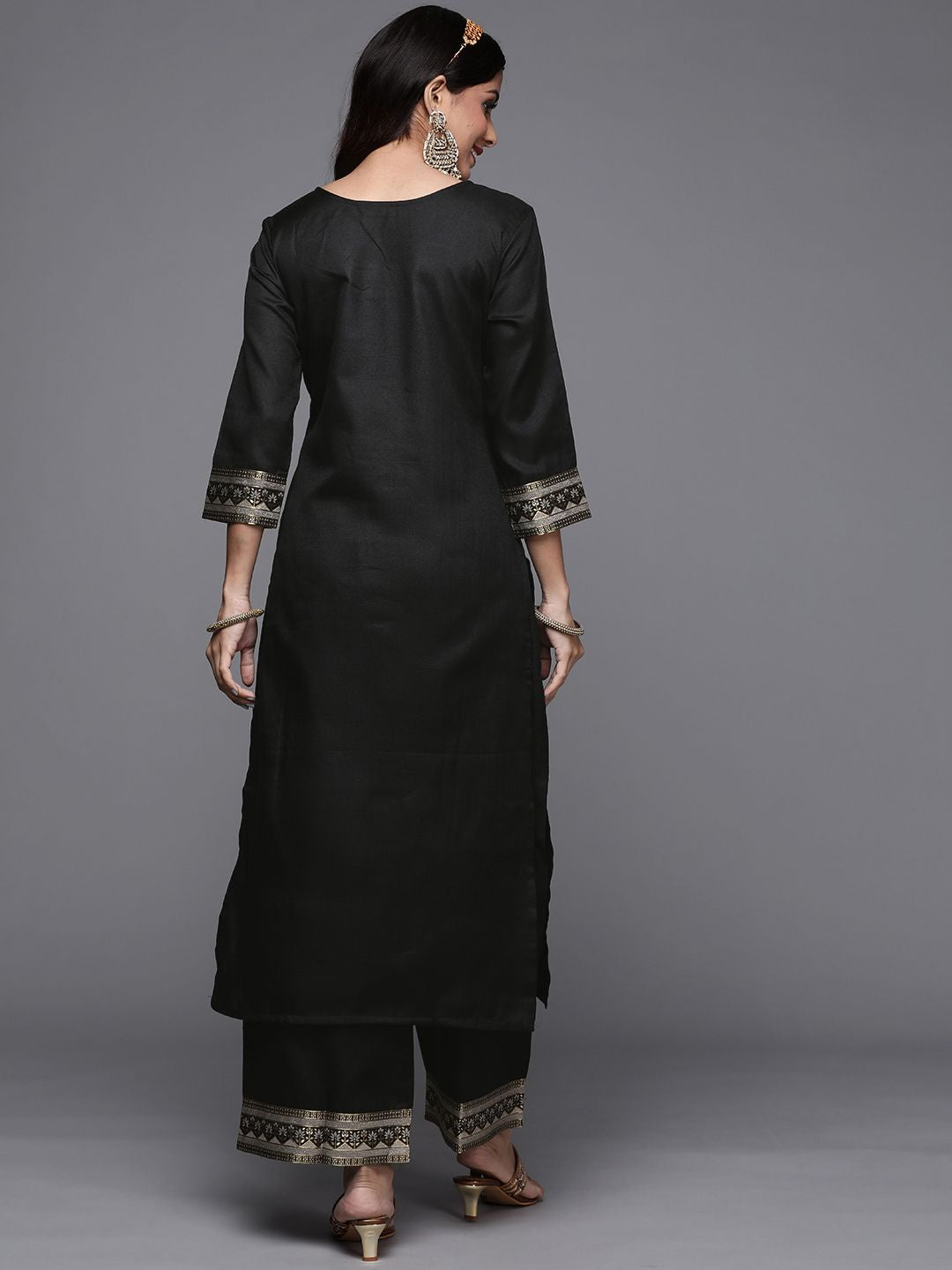 Dhiyona IE Women Black Ethnic Motifs Yoke Design Kurta with Palazzos