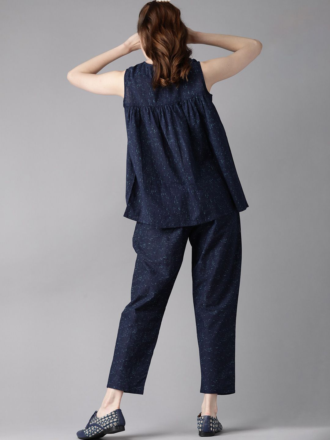 Women Navy Blue Printed Thread Work Pure Cotton Kurti with Trousers