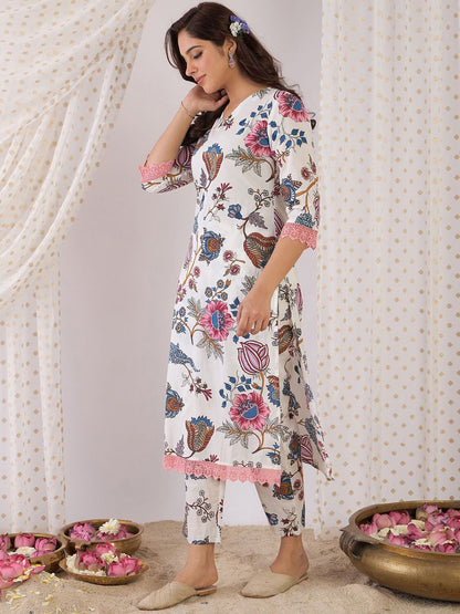 Dhiyona IE Floral Printed V-Neck Pure Cotton Straight Kurta With Trouser