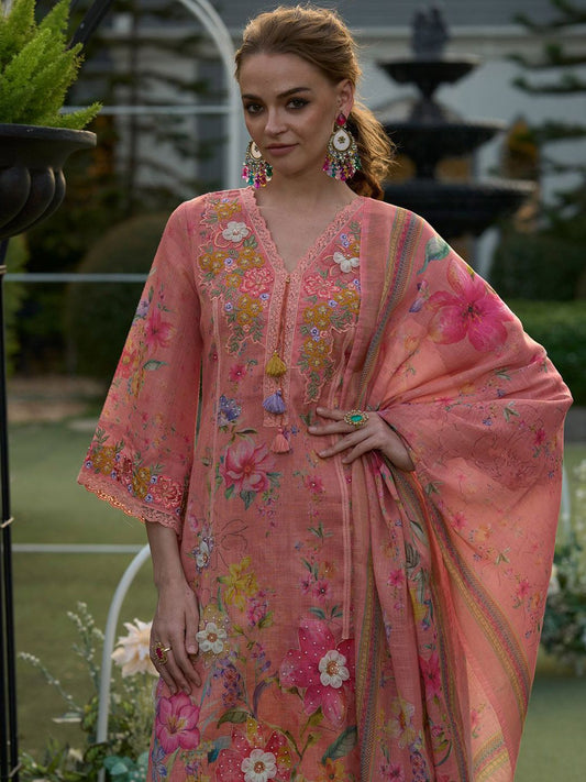 Women Floral Embroidered Linen Kurta with Trousers & Dupatta