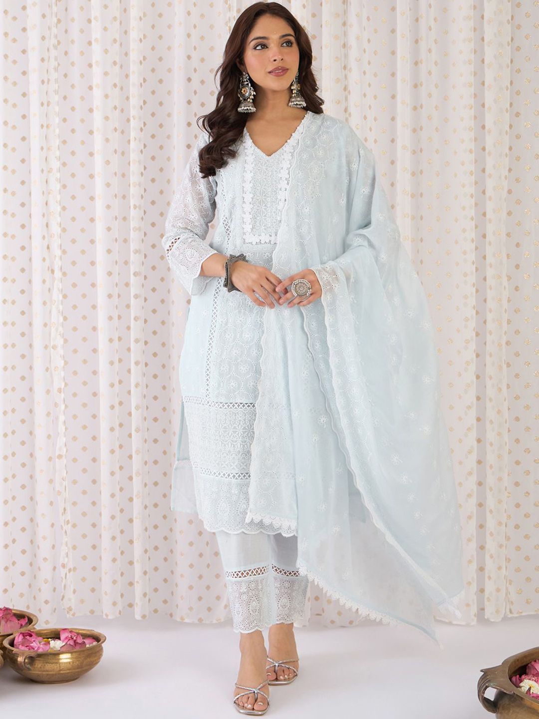 Women Ethnic Motifs Thread Work Pure Cotton Kurta with Trousers & With Dupatta
