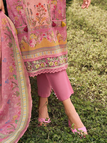 Dhiyona IE Floral Printed V-Neck Linen Kurta With Trousers And Dupatta