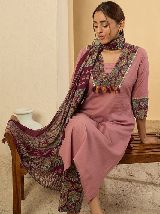 Dhiyona IE Floral Yoke Design V-Neck Pure Cotton Straight Kurta With Trousers & Dupatta