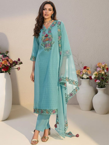 Women Floral Embroidered Regular Thread Work Pure Cotton Kurta with Trousers & With Dupatta