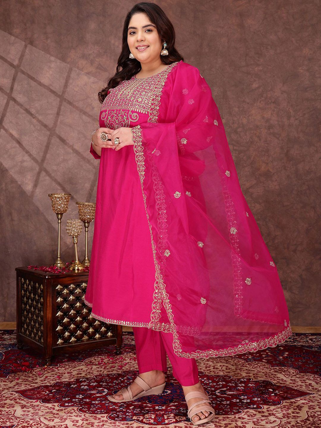 Dhiyona IN Floral Yoke Design Sequinned Anarkali Kurta With Palazzos & Dupatta