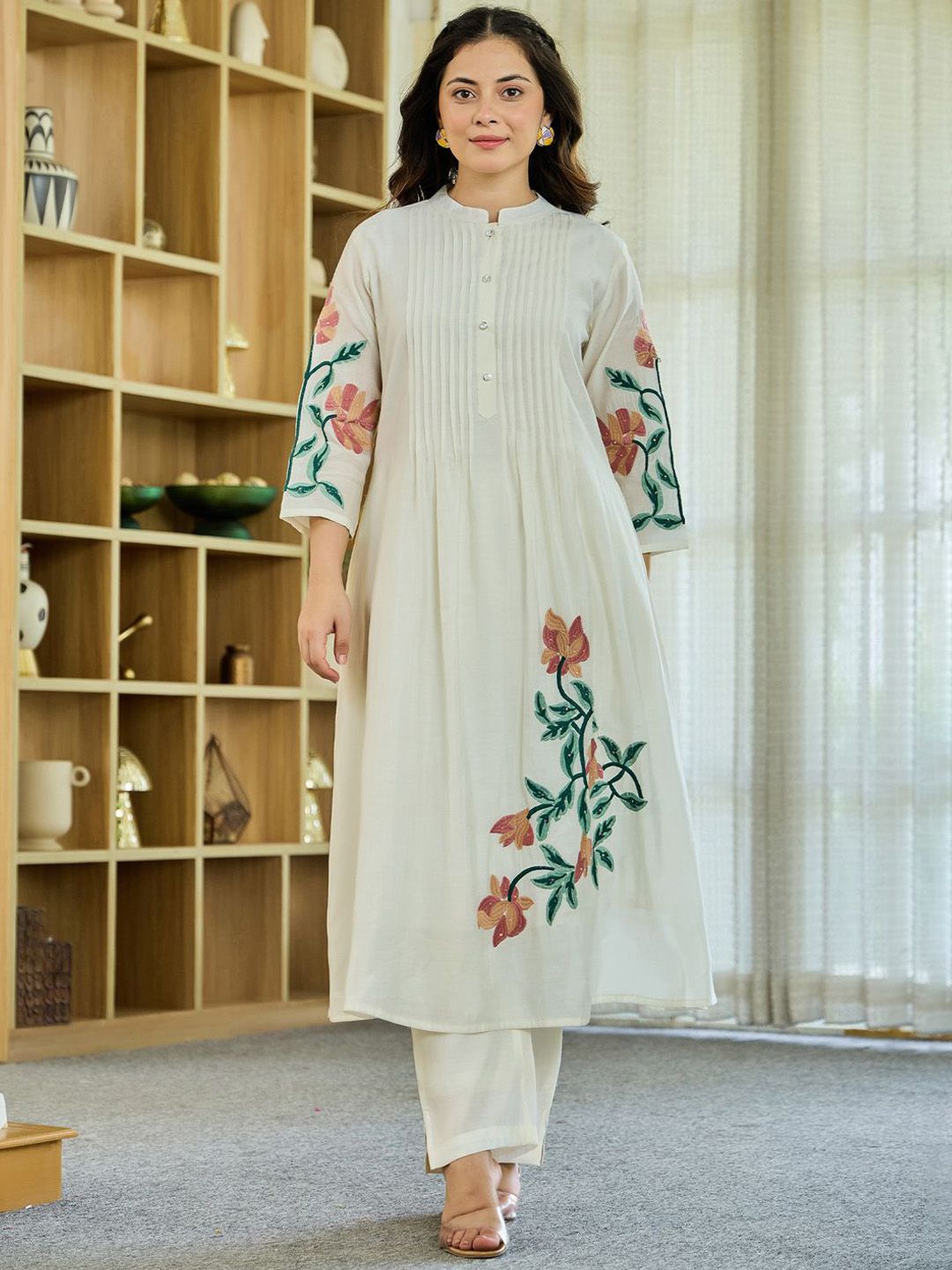 Dhiyona IE Floral Embroidered Pure Cotton Tunic With Trousers Co-Ords