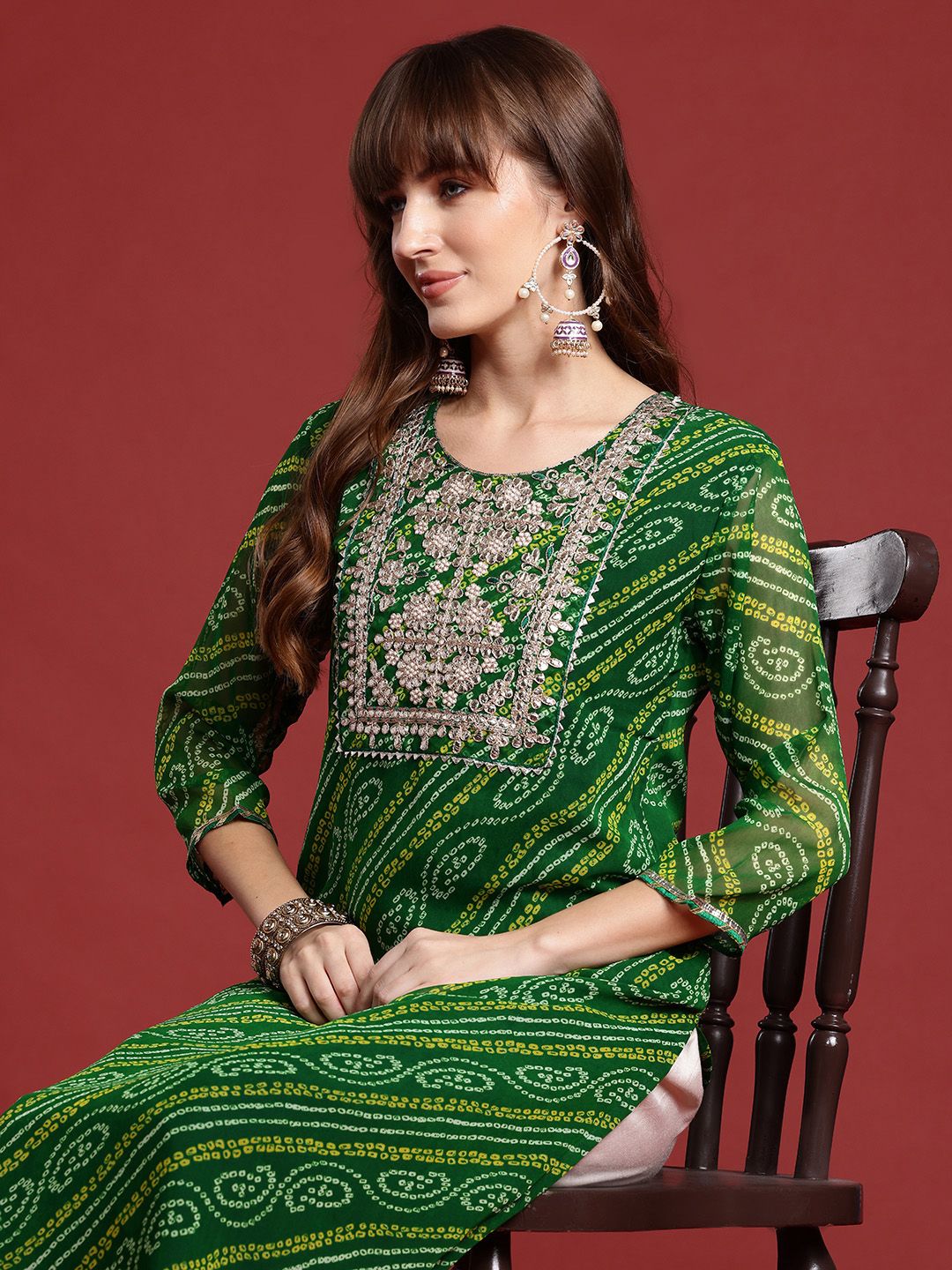 Dhiyona IE Bandhani Printed Gotta Patti Georgette Kurta
