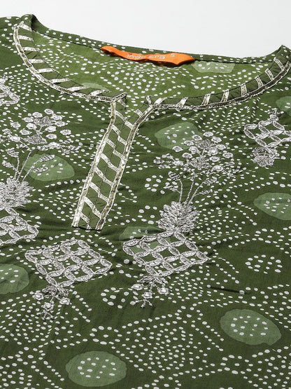 Women Green & White Bandhani Print Gotta Patti Kurta with Sharara & With Dupatta