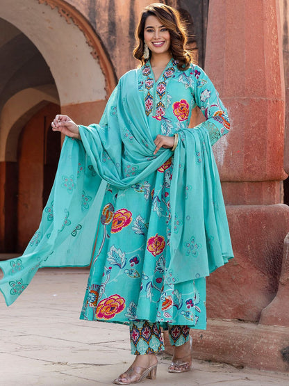 Women Floral Printed Beads and Stones Pure Cotton Kurta with Trousers & Dupatta