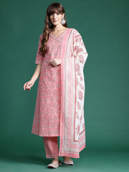 Ethnic Motifs Printed Angrakha Pure Cotton Kurta With Trousers & Dupatta