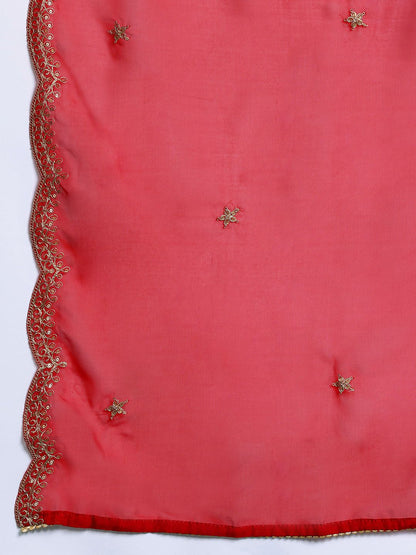 Ethnic Motifs Yoke Design Zari Panelled Liva Kurta With Trousers & Dupatta