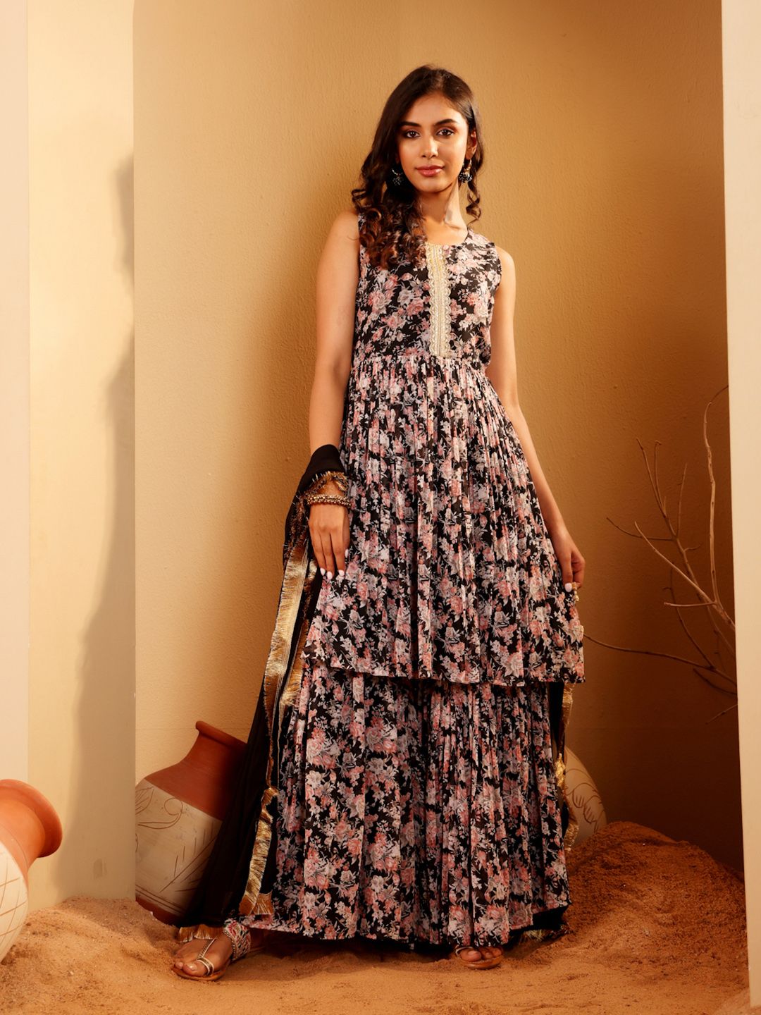 Dhiyona VA Women'sFloral Printed Round Neck Empire Anarkali Kurta With Sharara And Dupatta